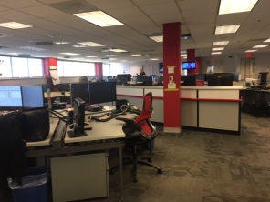 News office where staff get together to do research for trending topics, upcoming shows, and get details on stories. Each staff member has a different role that comes with different topics and facts to research.